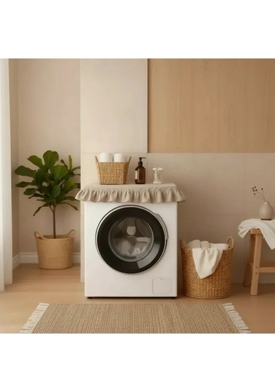 Fırfırlı Çamaşır Makinesi Örtüsü - Çeyizlik Dekoratif Banyo Makine Kılıfı- Bej