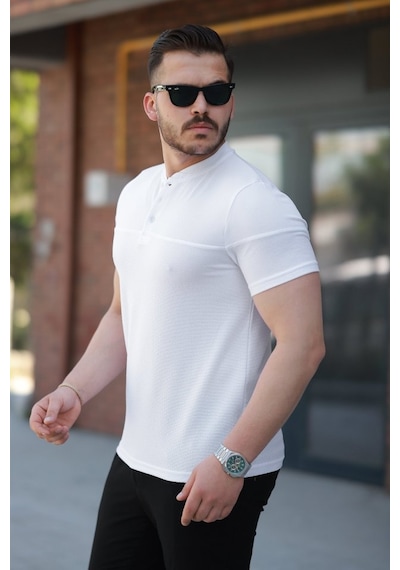 Erkek Hakim Yakalı Kısa Kollu Pamuklu T-shirt Beyaz