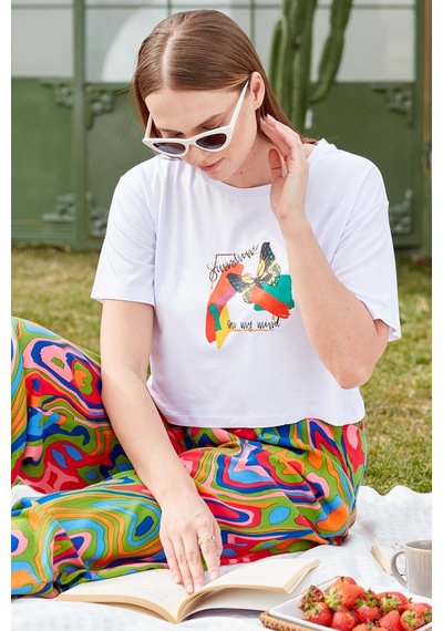 Oversize Baskılı Crop Tişört - Beyaz Çok Renkli