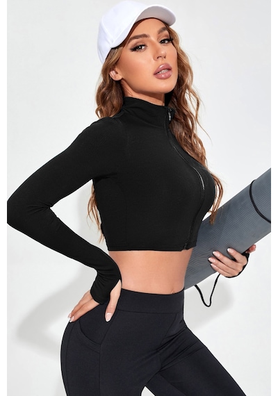 Fantezia Night Kadın Bordo Uzun Kol Fermuarlı Parmak Geçme Detaylı Dik Yaka Crop Top Bluz siyah