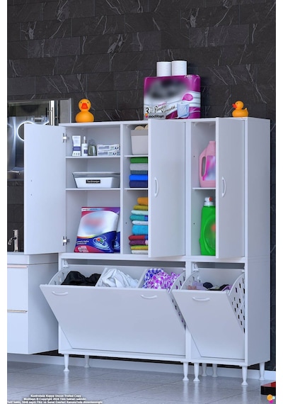 Rona 145 Cm Geniş Çamaşır Sepetli Ve Bölmeli Banyo Dolabı - Beyaz 100+45 X160x32 Cm