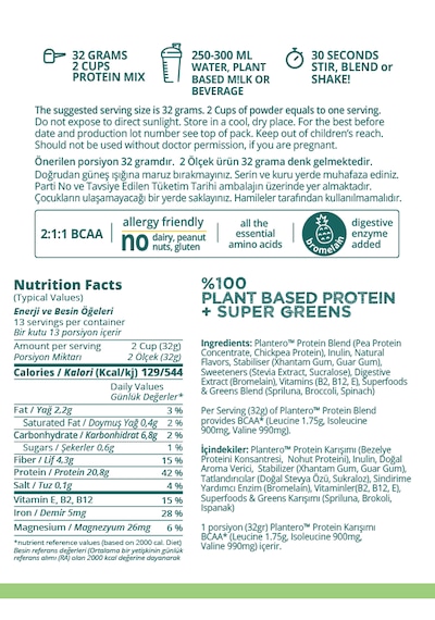 Plain Protein Blend Isolate Supergreens Mix Vitamins 416 Gr 13 Servis Sade