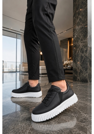 Mevese Dlob Erkek Bağcıklı Cilt Günlük Casual Spor Sneaker Ayakkabı - Siyah Beyaz