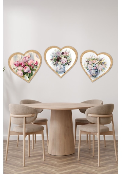 Kalp Şeklinde Çiçek Desenli 3'lü Ahşap Tablo Seti Kt3002 31 X 36
