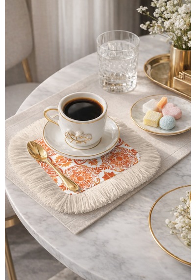 Barok Motifli Saçaklı Sunum Peçetesi - Retro Esintili Turuncu Bej Tasarımlı Bardak Altlığı Mendil Gece Toz Mavi