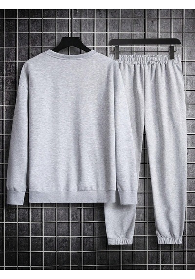 Erkek Düz Eşofman Takımı Sweatshirt Jogger - Gri Oversize Şardonlu Bisiklet Yaka Gri