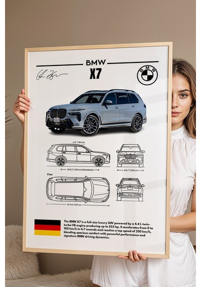 Bmw X7 Tablo - Teknik Özellikli Alman Full-size Lüks Suv Poster - Çerçeveli Duvar Dekoru - Blueprint Kayın