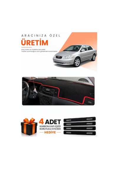 Toyota Corolla E130 2000-2006 Uyumlu Torpido Koruma Örtüsü Oto Kılıfı - Siyah Kırmızı