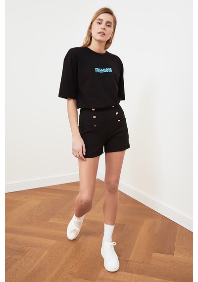 Blackjack Giyim Kadın Siyah Freedom Baskılı Tshirt Siyah