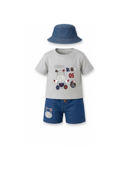 Lika&Nika Erkek Bebek Şapkalı Takım Hippo Baskılı Kısa Kollu Tişört Ve Denim Şort 3'lü Yazlık Bebek Takımı Bej