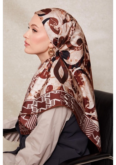Levidor Desenli Twill İpek Eşarp-0918 Kiremit