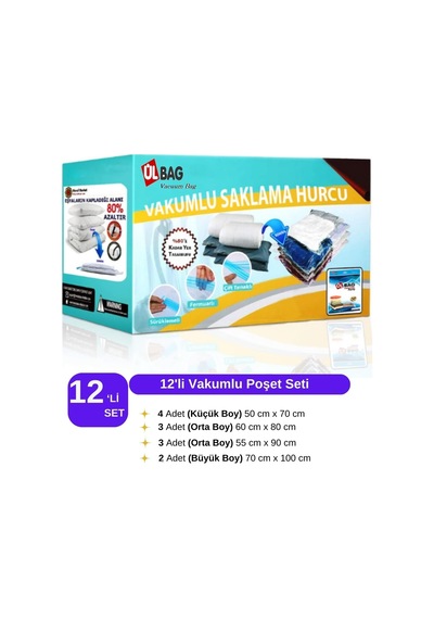 12'li 4 Ad. L + 3 Ad. Xl + 3 Ad. Xl + 2 Ad. Xxl Vakumlu Saklama Poşeti Vakumlu Poşet - Vakumlu Hurç - Vakumlu Torba