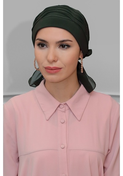 Hürrem Bone Haki Pratik Hazır Geçmeli Tesettür Bone Sandy Kumaş Incili Pileli Haki