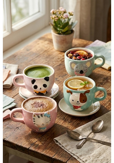 Minizoo 3d Hayvan Figürlü Kedi Köpek Panda Fil 4 Adet Porselen Kupa Seti Renklı