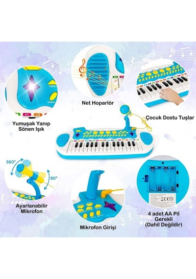 Çocuk Piyano Org Seti Mikrofonlu Tabureli - 31 Tuşlu Işıklı Sesli Eğitici Müzik Aleti Oyuncağı