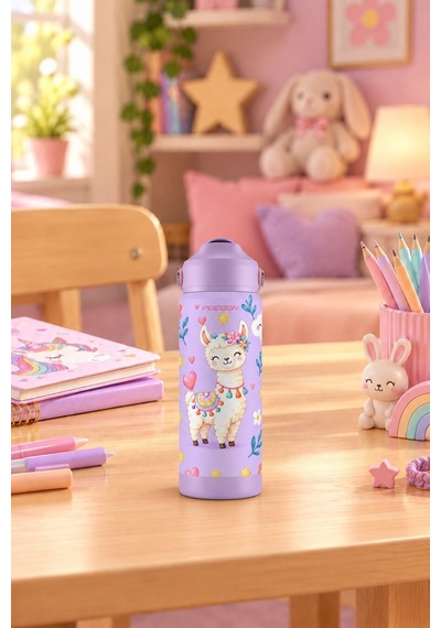 Puccon 540 Ml Sevimli Lama Baskılı Lila - Beyaz Kız Çocuk Pipetli Çelik Termos Matara/suluk - 60047