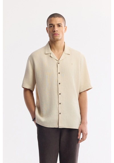 Avva Erkek Bej Apaj Yaka %100 Keten Kısa Kollu Oversize Fit Gömlek A51y2209