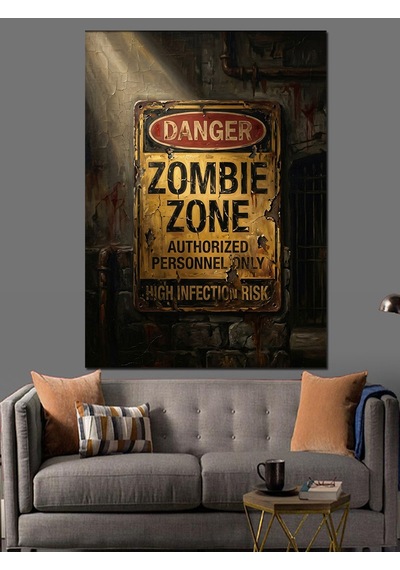 Retro Zombie Zone Uyarı Levhası Dekoratif Kanvas - Mdf Ahşap Tablo