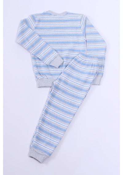 Hçm Erkek Çocuk Pijama Takımı Çizgili Ribanalı A35 Mavı