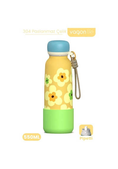 Desenli 550 Ml Pipetli Sızdırmaz Paslanmaz Çelik Termos Matara El Askılı Bpa İçermez 550ml 1103ff Sarı
