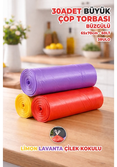 30 Adet Büyük Boy Büzgülü Çöp Torbası - Ekstra Sağlam - Limon, Lavanta, Çilek Kokulu - Renkli 65x70