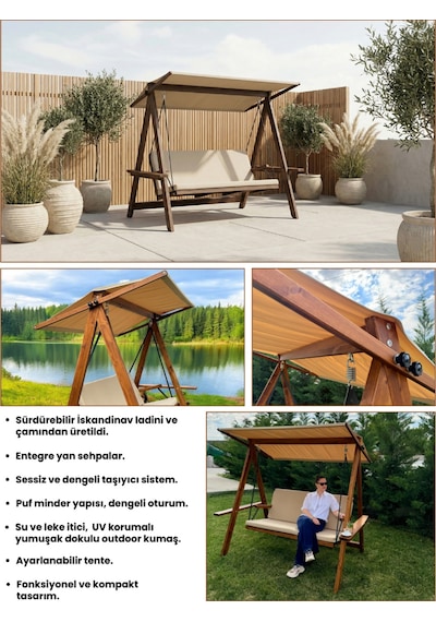 Riva 2100 3 Kişilik Ahşap Bahçe Salıncağı, Balkon ve Teras Salıncağı, Tenteli Camel