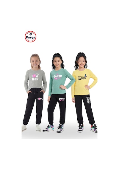 Panios Kids 3'lü Yuvarlak Yaka Sweatshirt Siyah Eşofmanlı Baskı Detaylı 6 Parça Kız Çocuk Alt Üst Takım Gri - Sarı