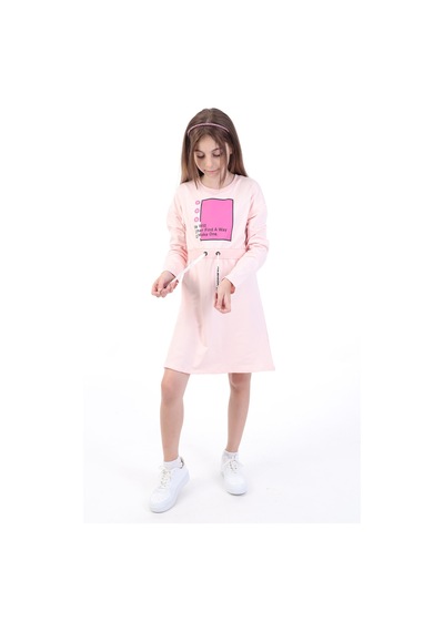 Toontoy Kız Çocuk Baskılı Relax Fit Bisiklet Yaka Uzun Kollu Bağcıklı Elbise - Pudra