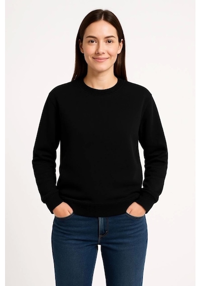 Üç İplik Düz Bisiklet Yaka Sweatshirt - Siyah Siyah