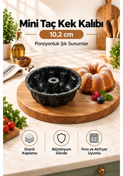 Mini Taç Kek Kalıbı 10 Cm, Granit Kaplamalı Porsiyonluk Tekli Kek Kalıbı Siyah
