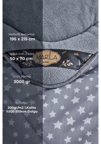 Star Gri Desenli Çift Kişilik Çift Taraflı Wellsoft Yorgan Seti - Gri - 195x215