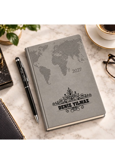 Bk Gift Kişiye Özel 378 Termo Deri Tarihli Ajanda & Siyah Touch Pen Tükenmez Kalem-13 Gri