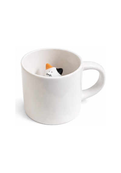 Sürpriz Kedi Figürlü Seramik Kahve Kupası Gizli Tasarım Mug Bardak Beyaz