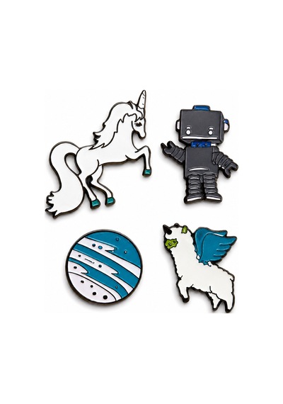 Fantastik Dünya 4'lü Metal Rozet Seti Unicorn, Robot, Gezegen Ve Kanatlı Alpaka Gri