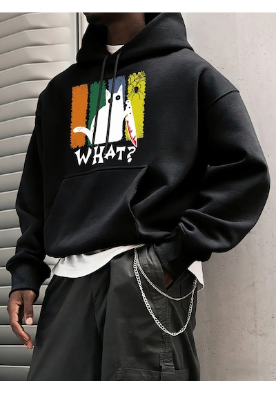 Startmore Tarzsokak Doubtful Cat Handing Knife Prints Casual Warm Hoody Men Trendy Loose Sweatshirts Basic Simple Siyah