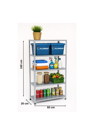 5 Katlı Galvaniz Çelik Raf - Depo, Arşiv, Kiler, Dosya, Market Rafı 20x60x100 Cm Gri