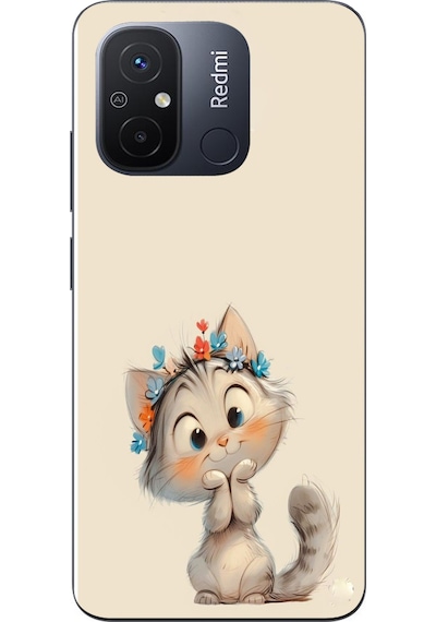 Redmi 12c Uyumlu Sevimli Çiçekli Kedi Baskılı Silikon Kılıf Renkli