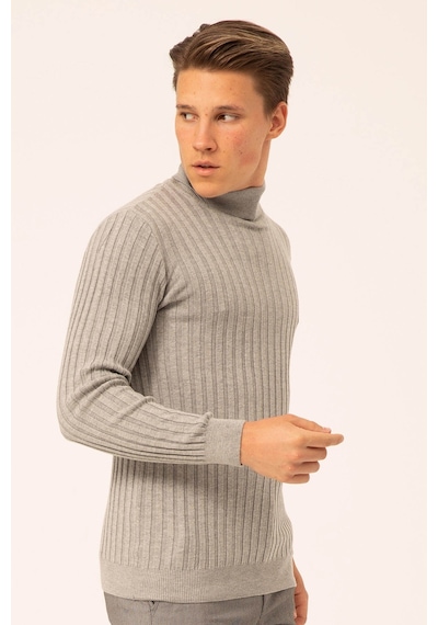 Ateş Triko Erkek Balıkçı Yaka Slim Fit Fitilli Triko Kazak 6091288 Gri