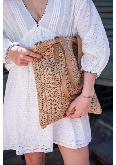 Deri Saplı Fermuarlı İç Cepli Kare Örgü Yazlık Sahil Plaj Beachwear Hasır Örgü İthal Çanta Camel