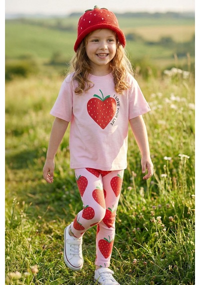 Zuzunga Strawberry Love Baskılı Kız Çocuk Tayt Takım Pembe Çilek Desenli