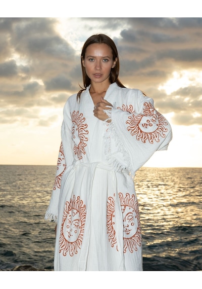 Befera Müslin Kimono Pamuklu Güneş Baskılı Desenli Bornoz Kaftan Sabahlık Ekru