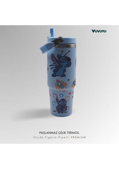 Figürlü Premium Paslanmaz Çelik Termos Mavi