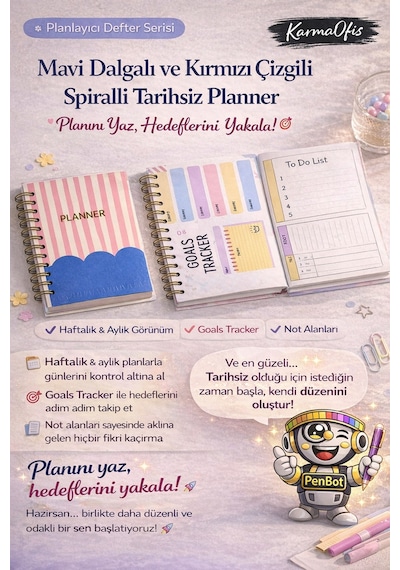 Mavi Dalgalı Kırmızı Çizgili Spiralli Tarihsiz Planner Haftalık&aylık Planlayıcı 17,5 X 18 Cm Diğer