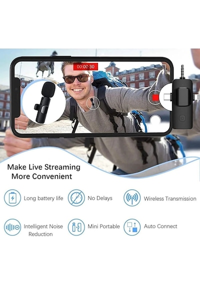 Plentiful Kablosuz Tekli Yaka Mikrofonu 3.5mm Aux Apple Uyumlu iPhone Type-c Pc Tablet Video Ses Kayıt Vlog Usb C Ve Amfi Siyah