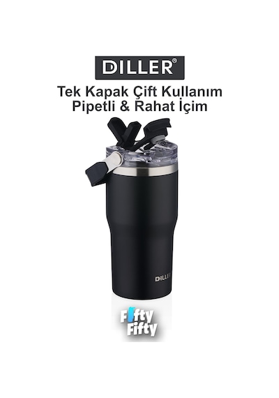 Dıller 620 Ml Tek Kapak Çift Kullanım Pipetli/pipetsiz Taşıma Kulplu Mug/çelik Termos-ffdıllerd9168 Siyah