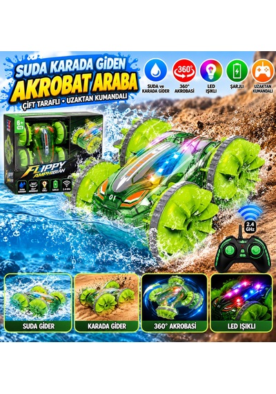 Çift Taraflı Suda Karada Giden Led Işıklı Akrobat Uzaktan Kumandalı Araba