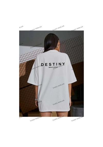 Tarzsokak Kadın Destiny Baskılı Oversize Penye T-shirt Beyaz
