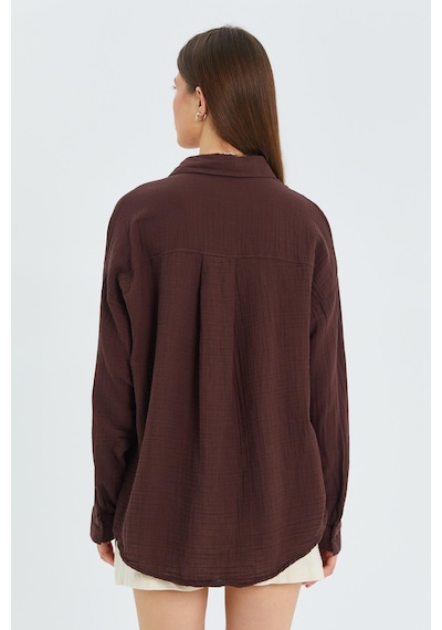 Mixray 3833 Kadın Oversize Cepli Müslin Gömlek Kahve