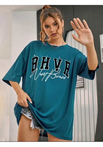 Flood Of Style Kadın Petrol Mavi Bhvr Baskılı Oversize Bisiklet Yaka Tişört