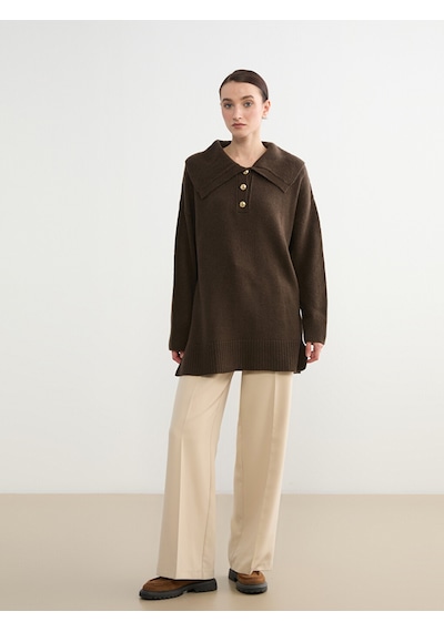 Lcw Modest Bej Polo Yaka Kadın Triko Kazak